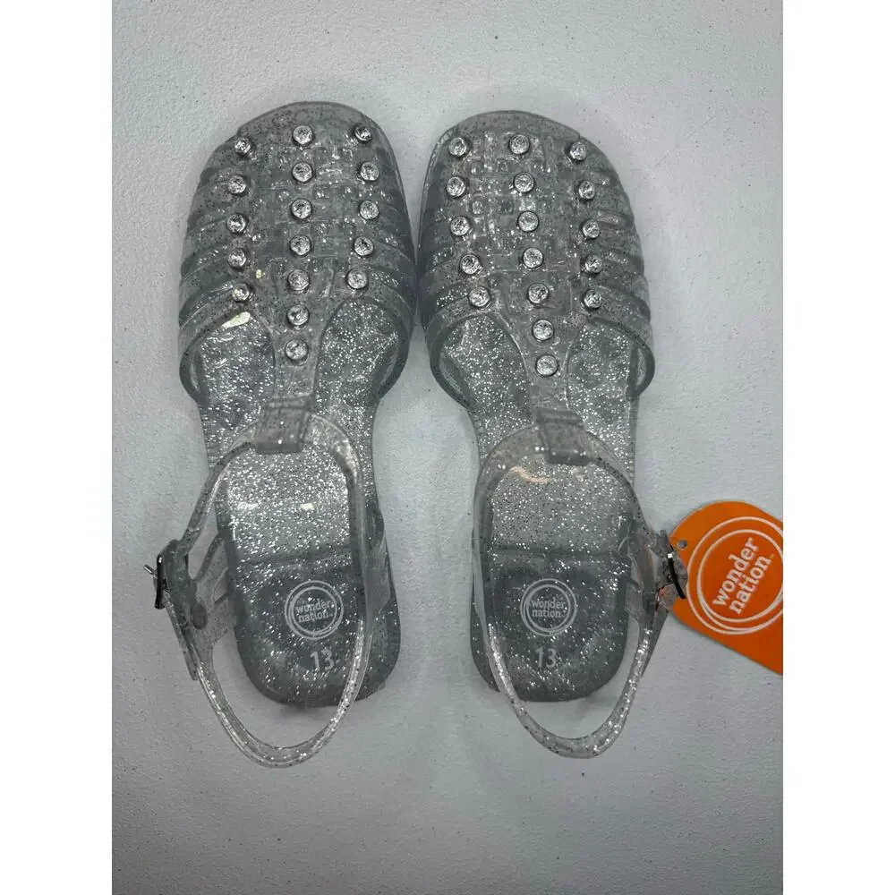 Wonder Nation; Girls Crystal Jelly Sandal, Flat Clear Size 13